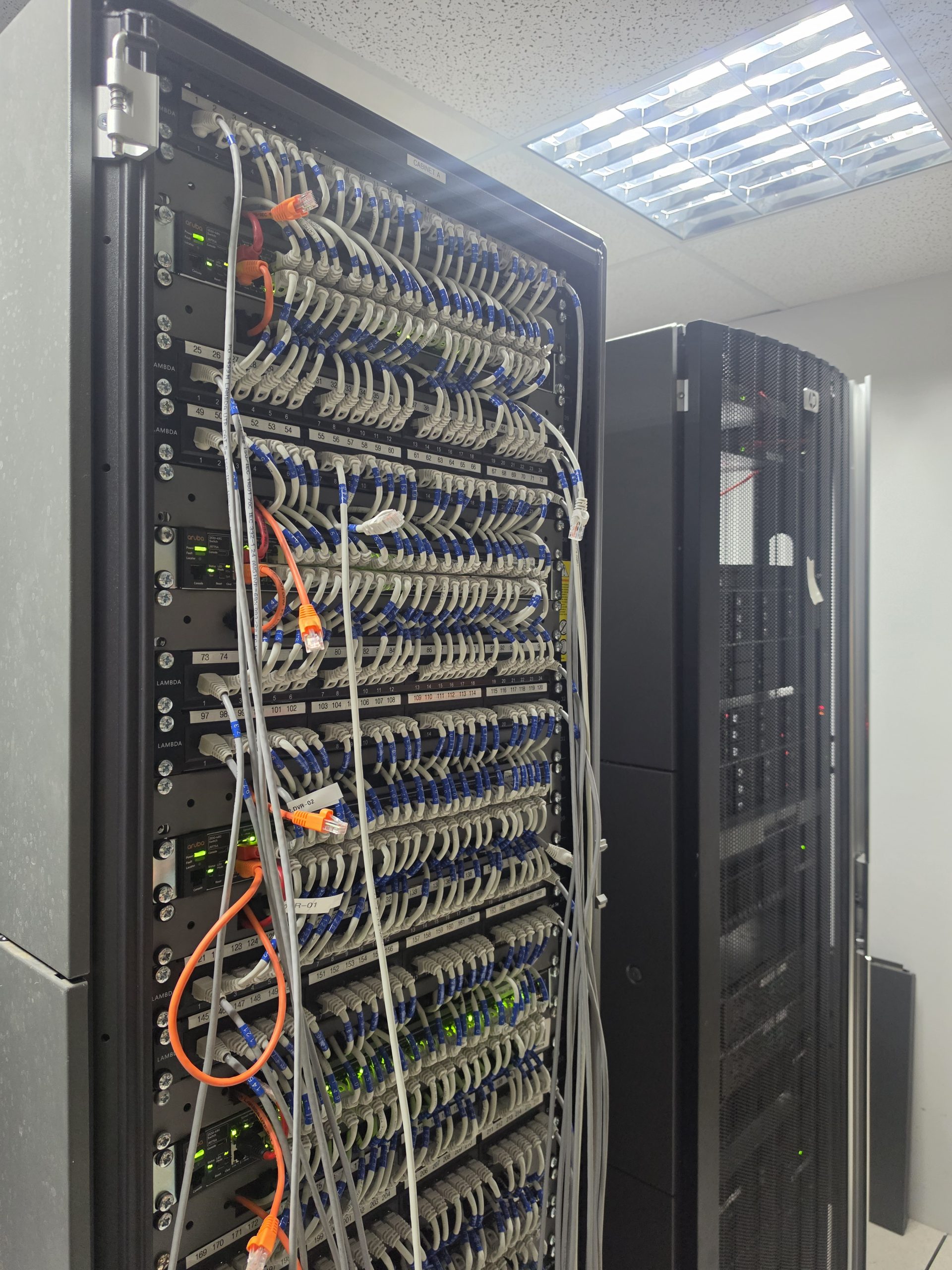Network cabinet with organised patch panels and labelled cables