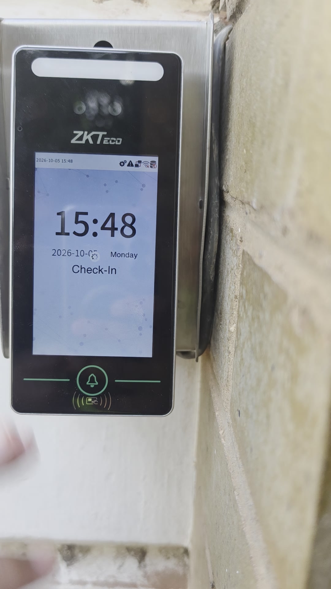 Outdoor ZKTeco facial recognition terminal mounted in its custom reader box at Bell Grove