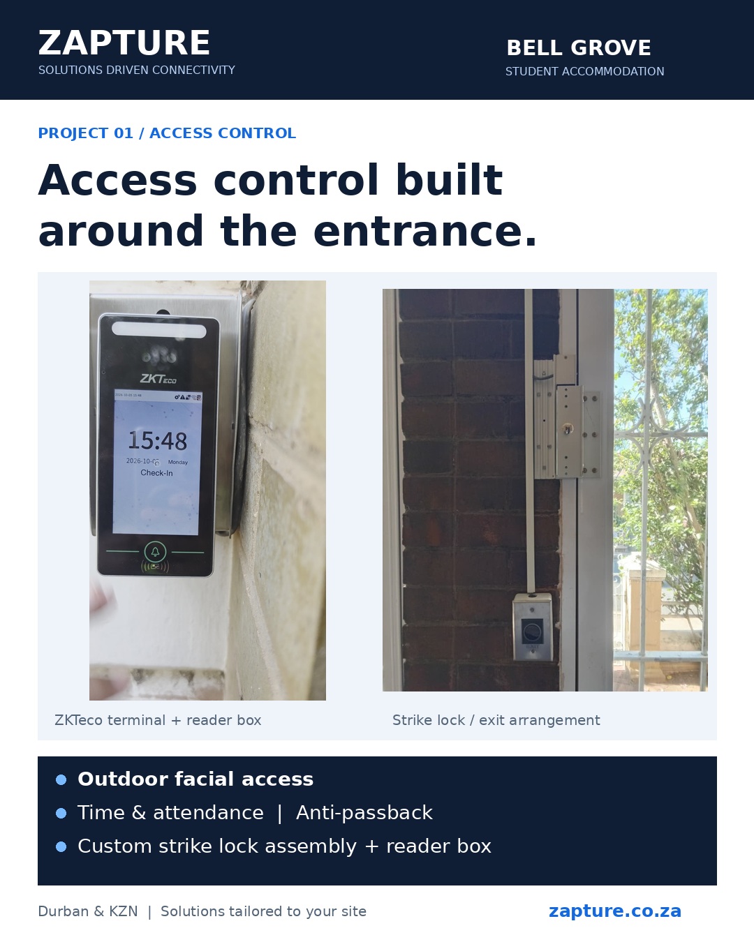 Bell Grove access control project: ZKTeco facial terminal, custom reader box and entrance locking arrangement